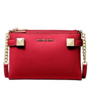Michael Kors Red Karla Saffiano Leather Crossbody Bag with Gold Accents